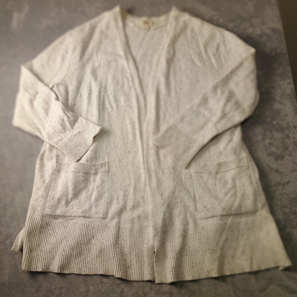 Style & Co Cardigan Sweater Womens XL White Speckled Open Front Pockets Longline